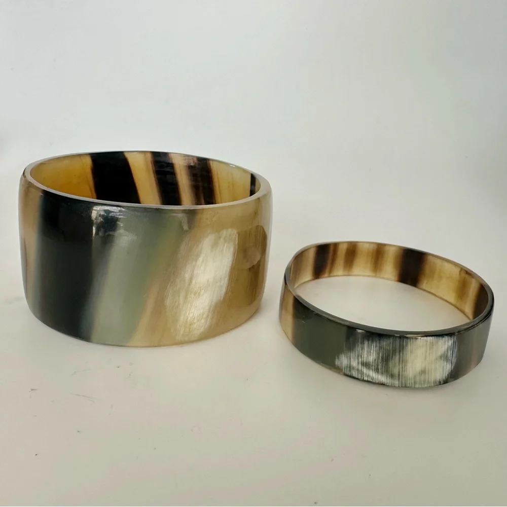 2 Vintage Natural Horn Bangle Handcrafted Bracelets, Brown Beige Black, Set